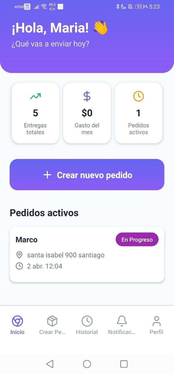 Golleva client app screenshot: shipment summary and create new order