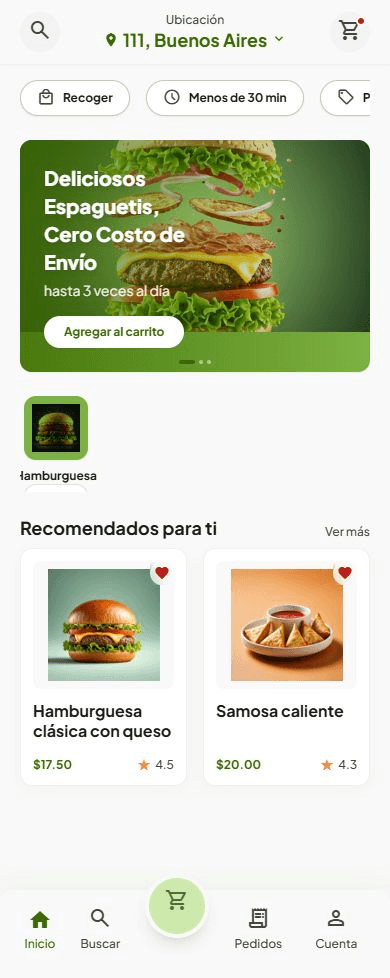 Genbia mobile app screenshot: food order home with location and recommendations