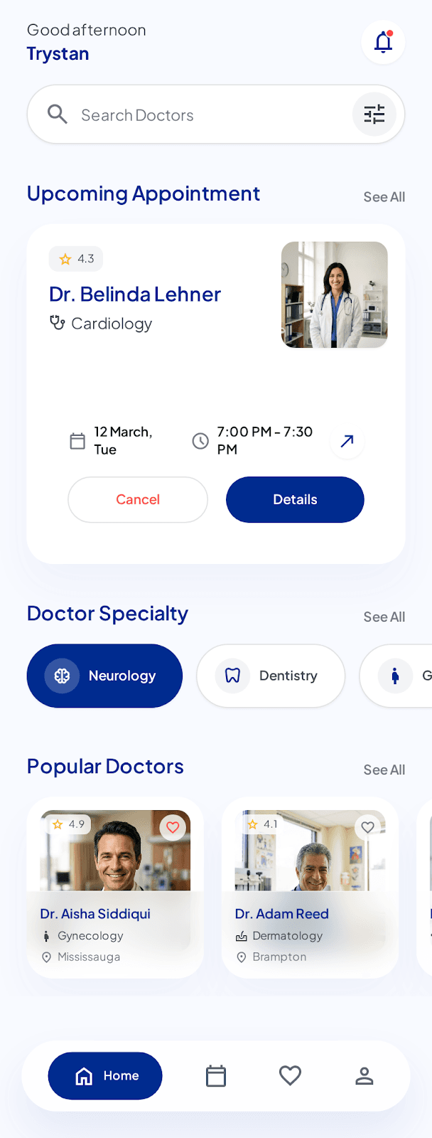 Genbia mobile app screenshot: medical schedule home and doctor directory